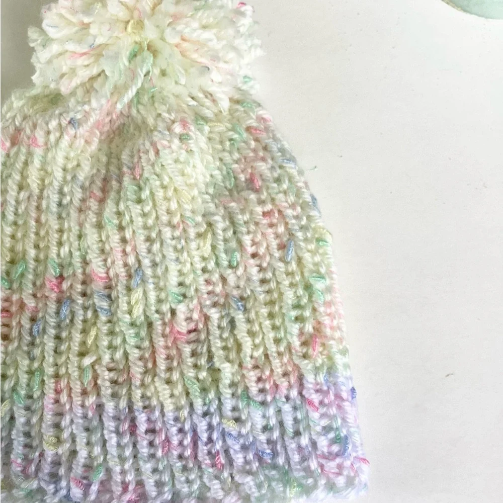 Baby Hat Hand Crafted Yellow White PomPom Kint